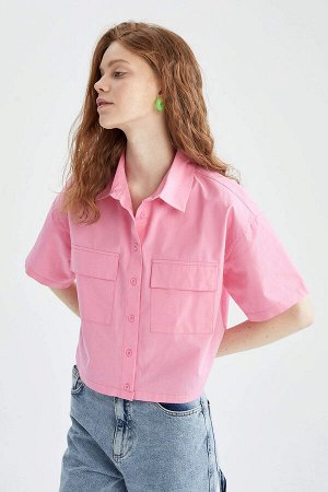 Классная хлопковая рубашка из укороченного поплина Deay с двойным карманом и короткими рукавами