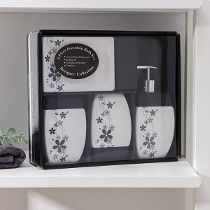 Набор аксессуаров для ванной комнаты «Грация», 4 предмета (дозатор 400 мл, мыльница, 2 стакана), цвет бело-чёрный