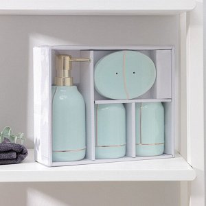 Набор аксессуаров для ванной комнаты «Лайн», 4 предмета (дозатор 400 мл, мыльница, 2 стакана), цвет зелёный