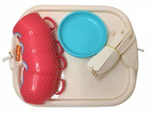 Набор детской посуды в сетке, Детская пластиковая посудка,Набор детской посуды "Минутка" с подносом