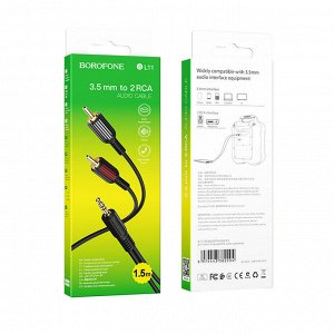 Переходник Аудио-кабель BOROFONE BL11 double RCA, AUX, Jack 3,5 to 2 RCA, 1.5 м, черный, AUX - колокольчики