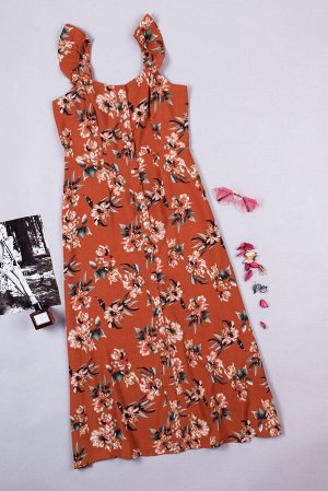 Оранжевое платье с оборками на бретельках и застежкой на пуговицах с цветочным принтом