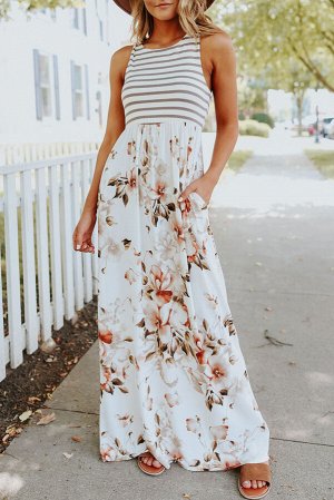 Белое полосатое платье-майка с карманами и цветочным принтом