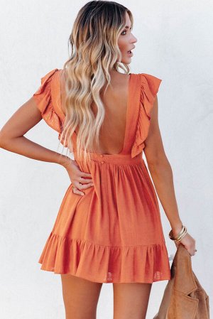 Оранжевое платье трапеция с открытой спиной и оборками