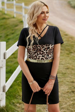 Черное платье-футболка с леопардовым принтом и пайетками