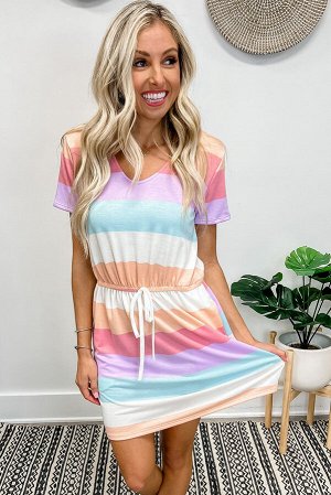 Разноцветное полосатое платье-футболка с эластичной талией на шнуровке