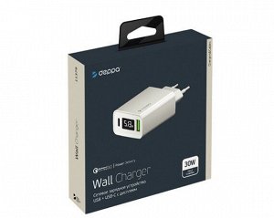 СЗУ-1USB Type-C + 1USB, Deppa PD, QC 3.0, 30W, дисплей, белый, 11379