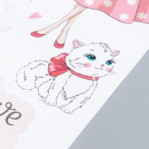 Наклейка пластик интерьерная цветная "Малышка в платье в цветочек с котёнком" 30х90 см