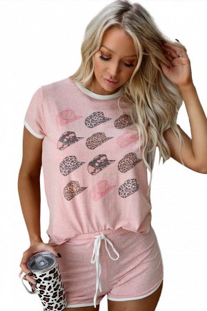 Розовый леопардовый комплект из трикотажа: шорты + футболка