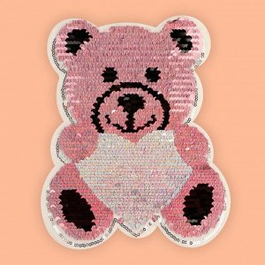 Термоаппликация двусторонняя «Медведь», с пайетками, 19 ? 17 см, цвет розовый/серебряный