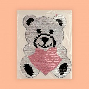 Термоаппликация двусторонняя «Медведь», с пайетками, 19 x 17 см, цвет розовый/серебряный