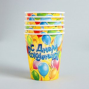 Страна карнавалия Набор бумажной посуды «С днём рождения», воздушные шары, 6 тарелок, 6 стаканов, 6 колпаков, 1 гирлянда