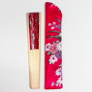 Веер бамбук, текстиль h=21 см "Цветы" с чехлом, бордовый