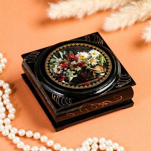 Шкатулка "Цветы" с накладкой, 10*10 см, лаковая миниатюра