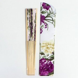 Веер бамбук, текстиль h=21 см "Цветы" с чехлом, белый