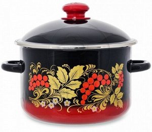 Кастрюля 4,0л Рябинушка, эмалированная, красно-черная, рисунок. Россия