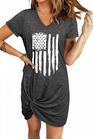 Темно-серое перекрученное платье-футболка с принтом американского флага