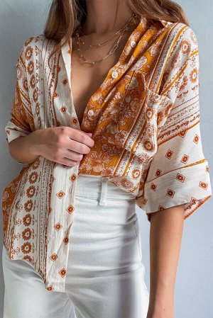 Оранжево-белая рубашка оверсайз с рукавом 3/4 и цветочным принтом в стиле бохо