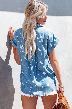 Голубая рубашка с коротким рукавом из шамбре со звездным принтом