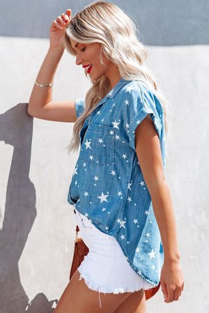 Голубая рубашка с коротким рукавом из шамбре со звездным принтом