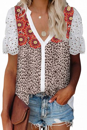 Леопардовая блуза с кружевными рукавами и цветочным принтом
