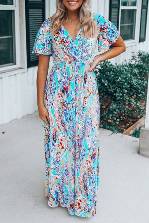 VitoRicci Бирюзовое платье макси с V-образным вырезом с запахом и разноцветным цветочным принтом