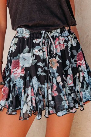 Черная мини-юбка с эластичной талией на шнуровке и цветочным принтом