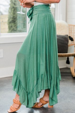 Зеленая асимметричная макси-юбка с высокой талией и поясом