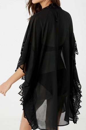 Черная прозрачная пляжная накидка-кимоно с кружевными вставками