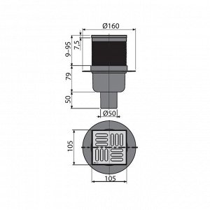 Трап Alcaplast APV2 105*105/50, вертикальный, регулируемый, решетка нерж., гидрозатвор мокрый