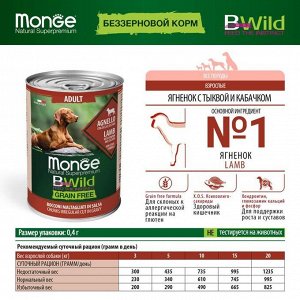 Влажный корм Monge Dog BWild GRAIN FREE для взрослых собак, ягненок/тыква/кабачки, 400 г