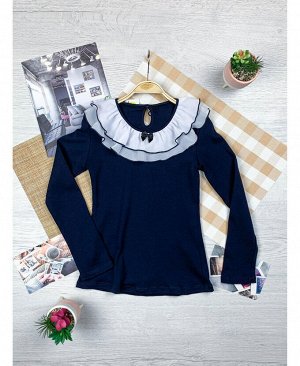 Синий школьный джемпер (блузка) для девочки Цвет: тёмно-синий
