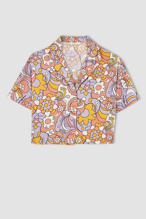 Рубашка из смесового льна с короткими рукавами и цветочным принтом Cool Relax Fit с пижамным воротником и цветочным принтом