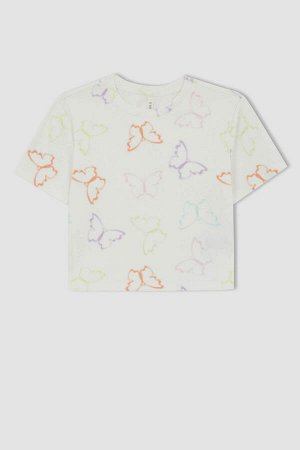 Крутая укороченная футболка в рубчик с коротким рукавом с круглым вырезом и бабочкой