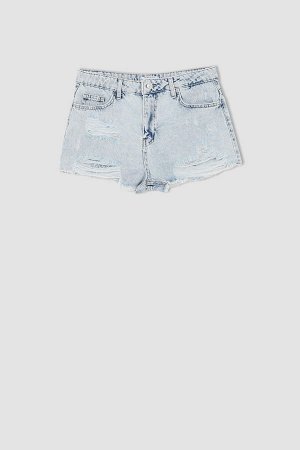Рваные мини-джинсовые шорты с высокой талией и деталями