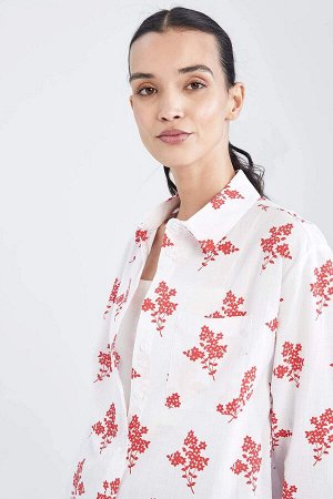 Рубашка оверсайз с цветочным принтом и длинными рукавами из хлопкового поплина