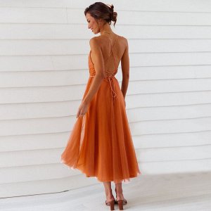 Женское платье с элементами шнуровки, с открытой спиной, с глубоким вырезом, цвет оранжевый