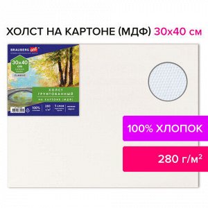 Холст на картоне (МДФ), 30х40 см, 280 г/м2, грунтованный, 100% хлопок, BRAUBERG ART CLASSIC, 192186