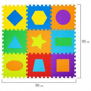 Коврик-пазл напольный 0,9х0,9 м, мягкий, &quot;Фигуры&quot;, 9 частей 30х30 см, толщина 1 см, ЮНЛАНДИЯ, 664664