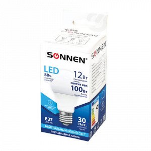 Лампа светодиодная SONNEN, 12 (100) Вт, цоколь Е27, грушевидная, нейтральный белый свет, 30000 ч, LED A60-12W-4000-E27, 453698