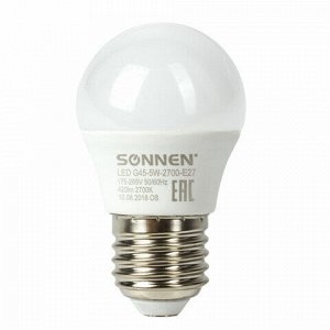 Лампа светодиодная SONNEN, 5 (40) Вт, цоколь E27, шар, теплый белый свет, 30000 ч, LED G45-5W-2700-E27, 453699