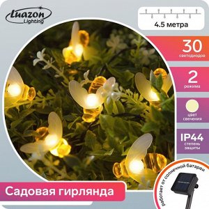 Luazon Lighting Гирлянда «Нить» 4.5 м с насадками «Пчёлки», IP44, тёмная нить, 30 LED, свечение тёплое белое, 2 режима, солнечная батарея