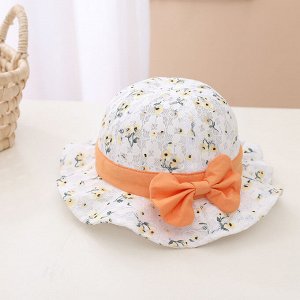 Детская шляпка с бантом, принт "Цветочки", цвет белый/оранжевый