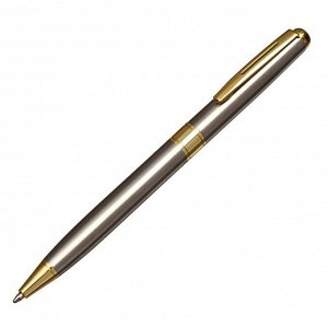 Ручка подарочная шариковая в кожзам футляре поворотная New корпус серебро с золотым