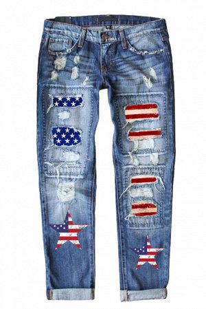 Голубые джинсы с заплатками с принтом американского флага
