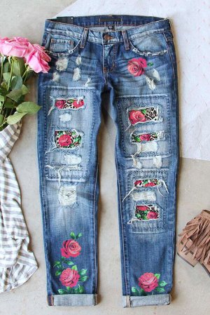 Голубые джинсы с заплатками с леопардовым принтом розы