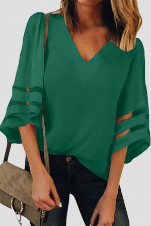 Зеленая свободная блуза с прозрачными вставками на рукавах "летучая мышь"