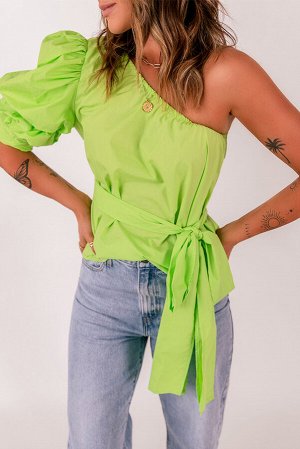 Салатовая блуза с открытым плечом на завязке
