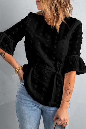 Черная блуза в швейцарский горошек с прозрачными рукавами и завязкой на талии