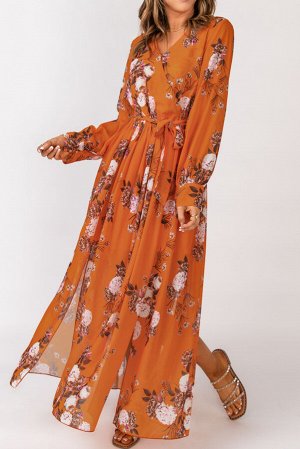 Оранжевое платье макси с запахом и завязкой на талии с цветочным принтом
